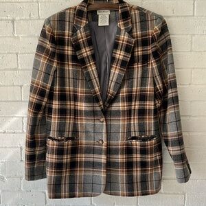 Vintage White Stag Plaid Blazer Sz 10 Wool Blend Preppy Padded Shoulders Classic